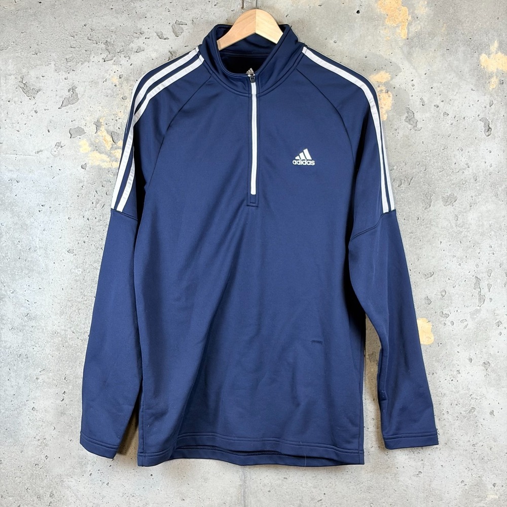 Adidas Golf Sweater Mens Medium Blue 3 Stripe French Terry Quarter Zip Pullover
